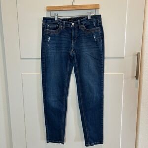 White House Black Market Girlfriend Jeans 6 Dark Wash Embellished Distressed